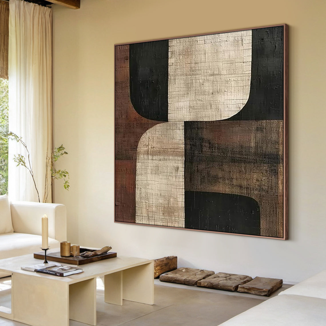 Primitive Balance-Beige Brown & Black Abstract Wall Art-AURA055