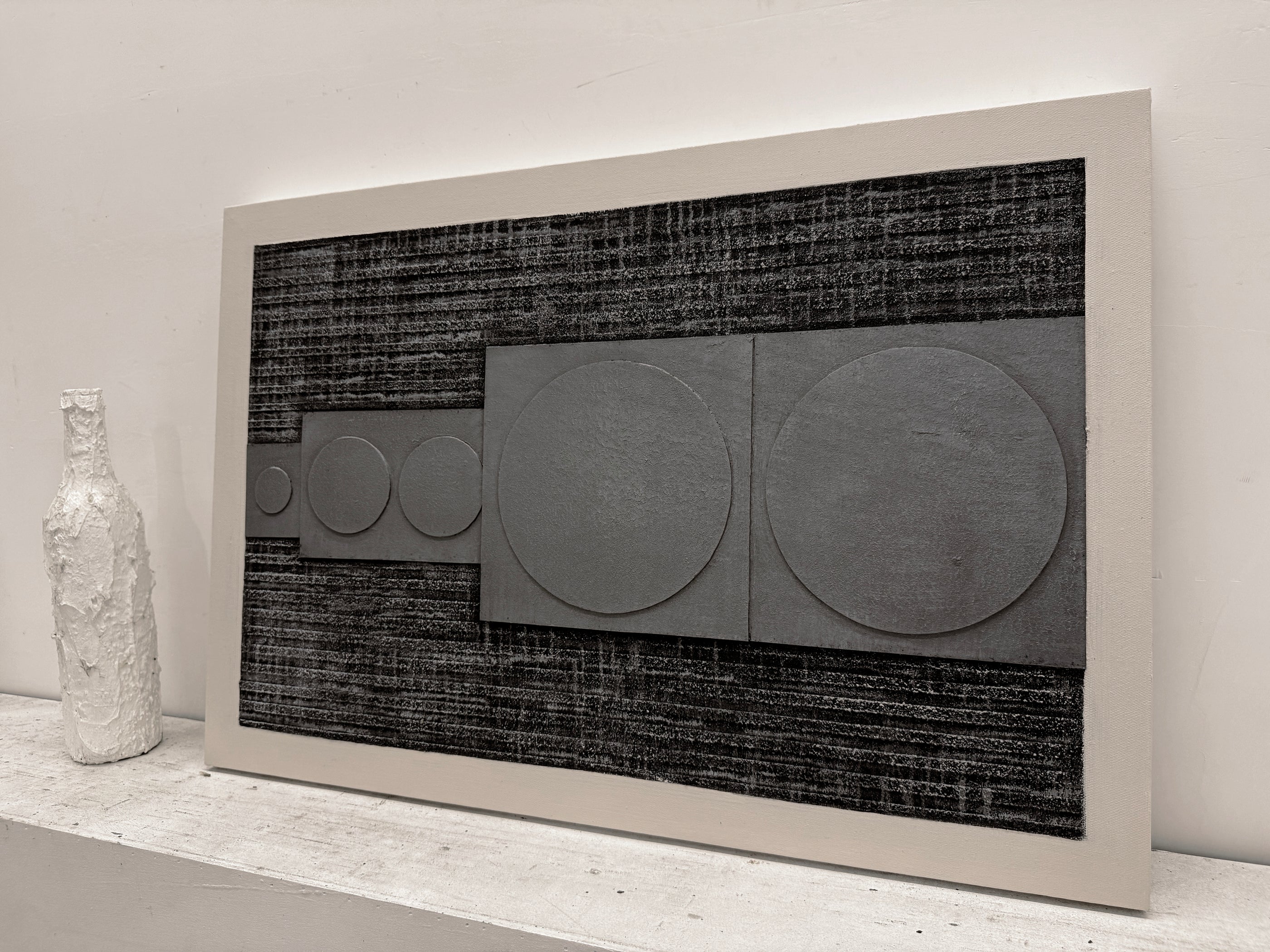 Abstract Textured Geometric Art Plaster Black Gray Sculpted Canvas Wabi-Sabi Japandi Minimalist Wall Decor AURA728