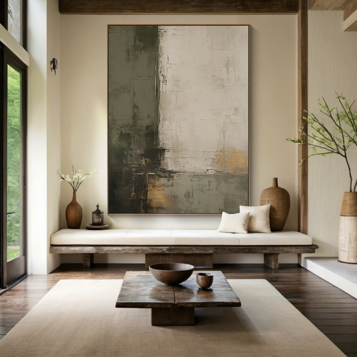 Shadow Reverie Canvas — Olive Grey & Sand Textured Wall Art – AURA077