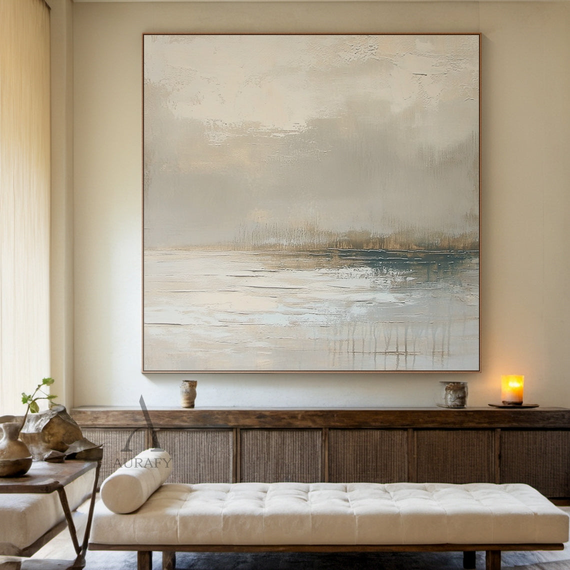 Abstract Gray Landscape Art tactile impasto scratch effects Modern Organic neutral tones AURA651