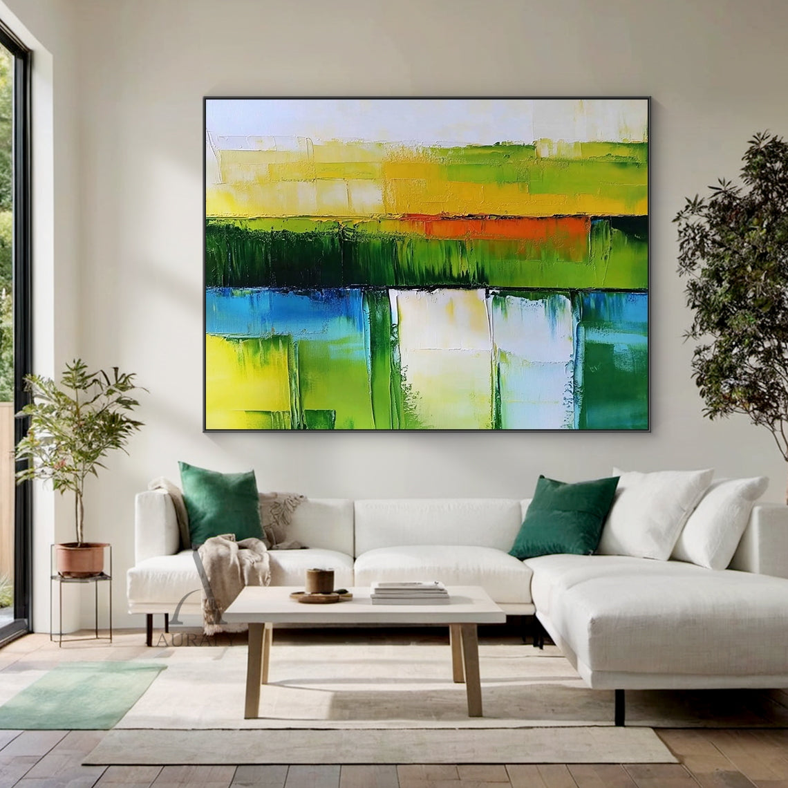 Abstract Green Blue Impasto Art with Thick Tactile Color Block Knife Strokes AURA622