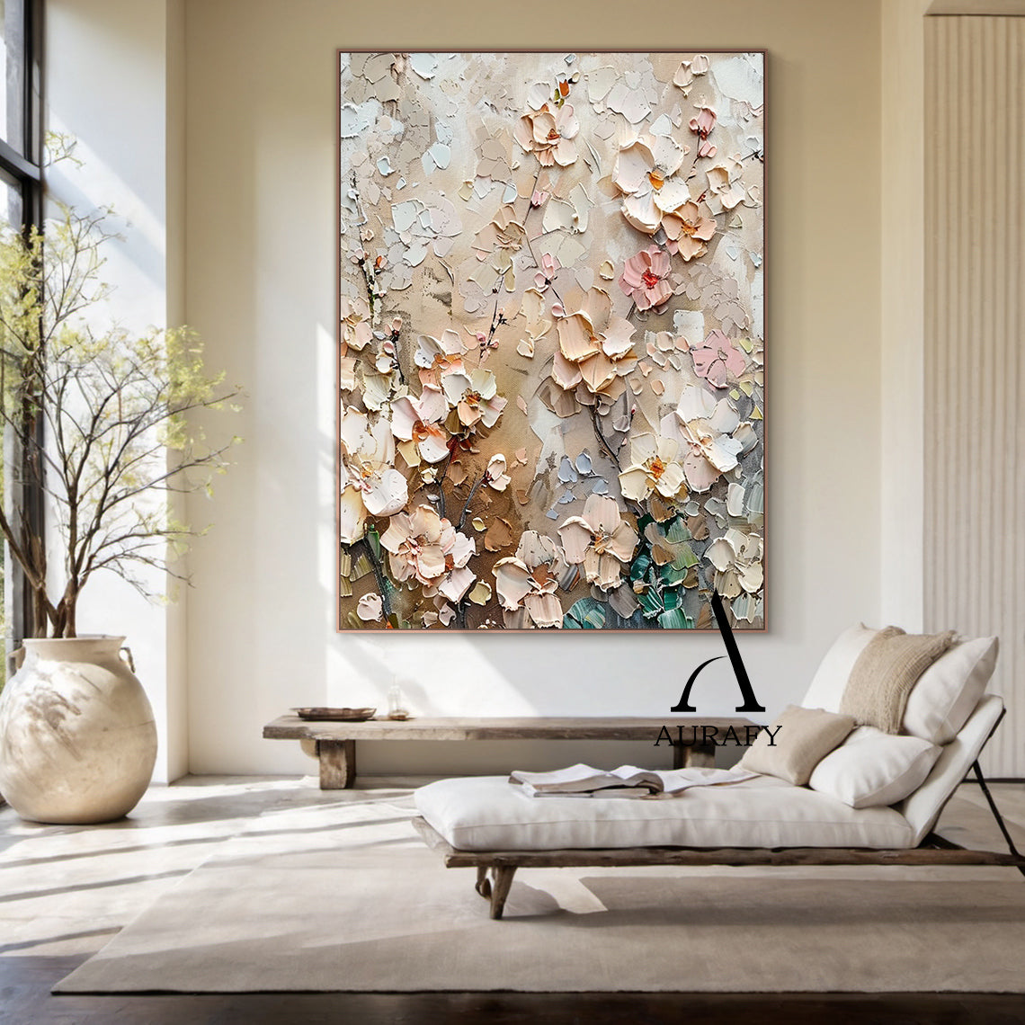 3D Textured Flower Painting High-Relief Tactile Beige Tone Knife Strokes Modern Organic Art AURA572