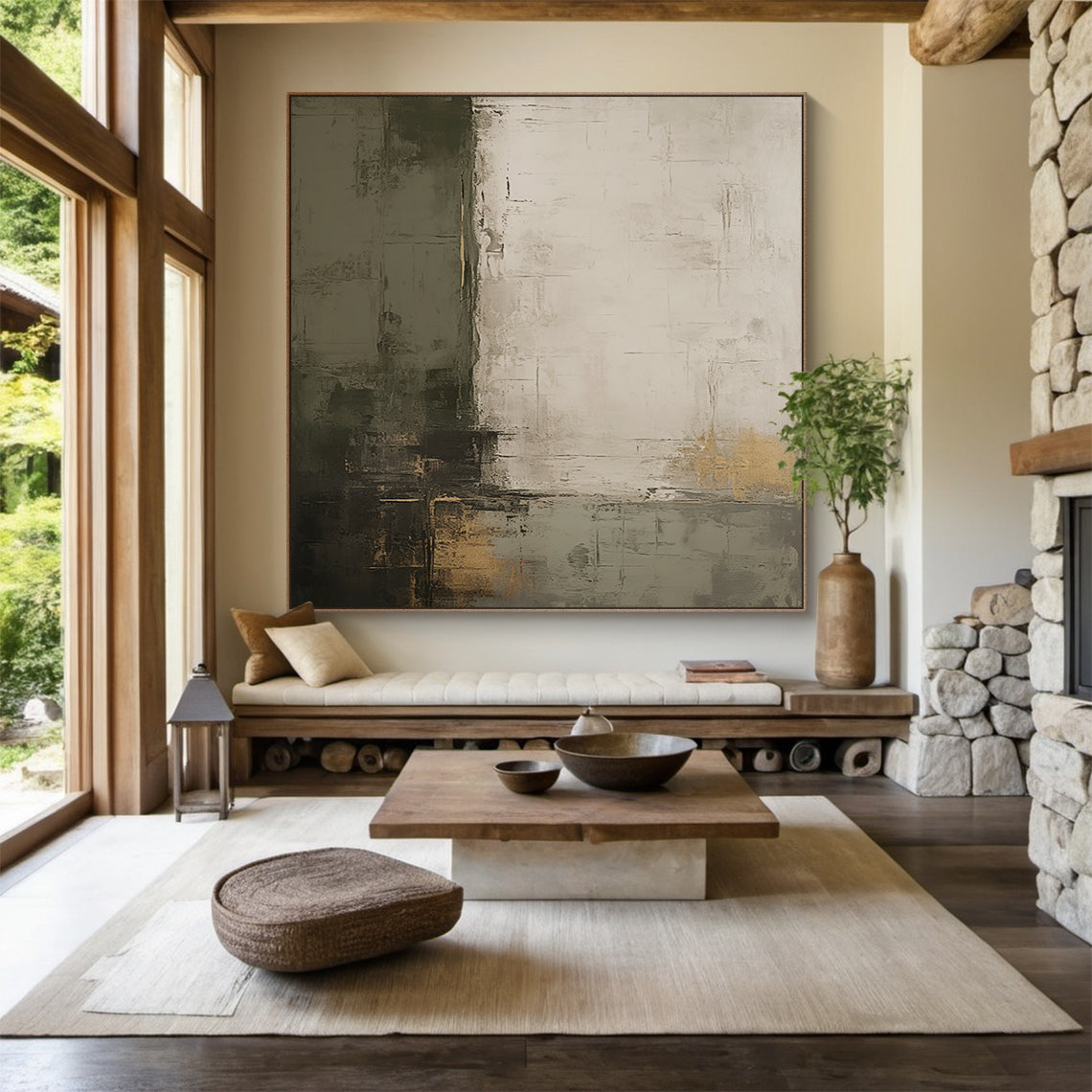 Shadow Reverie Canvas — Olive Grey & Sand Textured Wall Art – AURA077