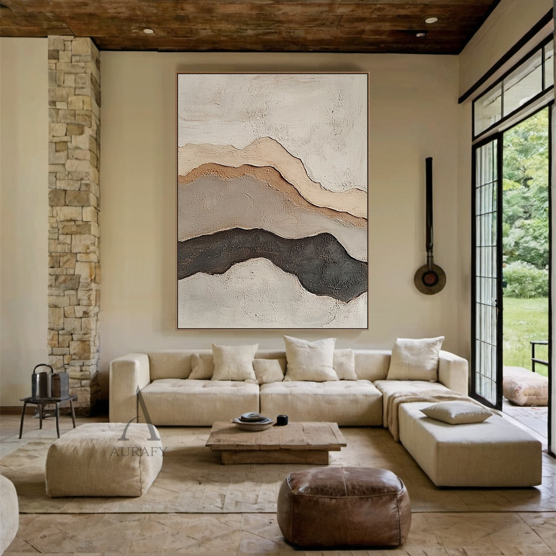 Beige Abstract Landscape Layered Plaster Textured High-Relief Tactile Minimalist Modern Organic Artwork AURA438