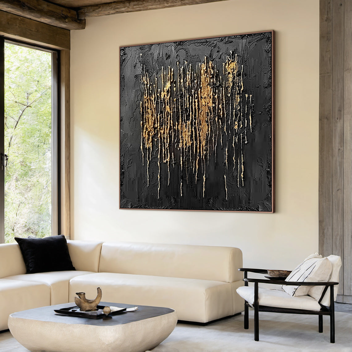 Metallic Drip Texture Canvas – Charcoal & Gold Accents – AURA031(Horizontal)