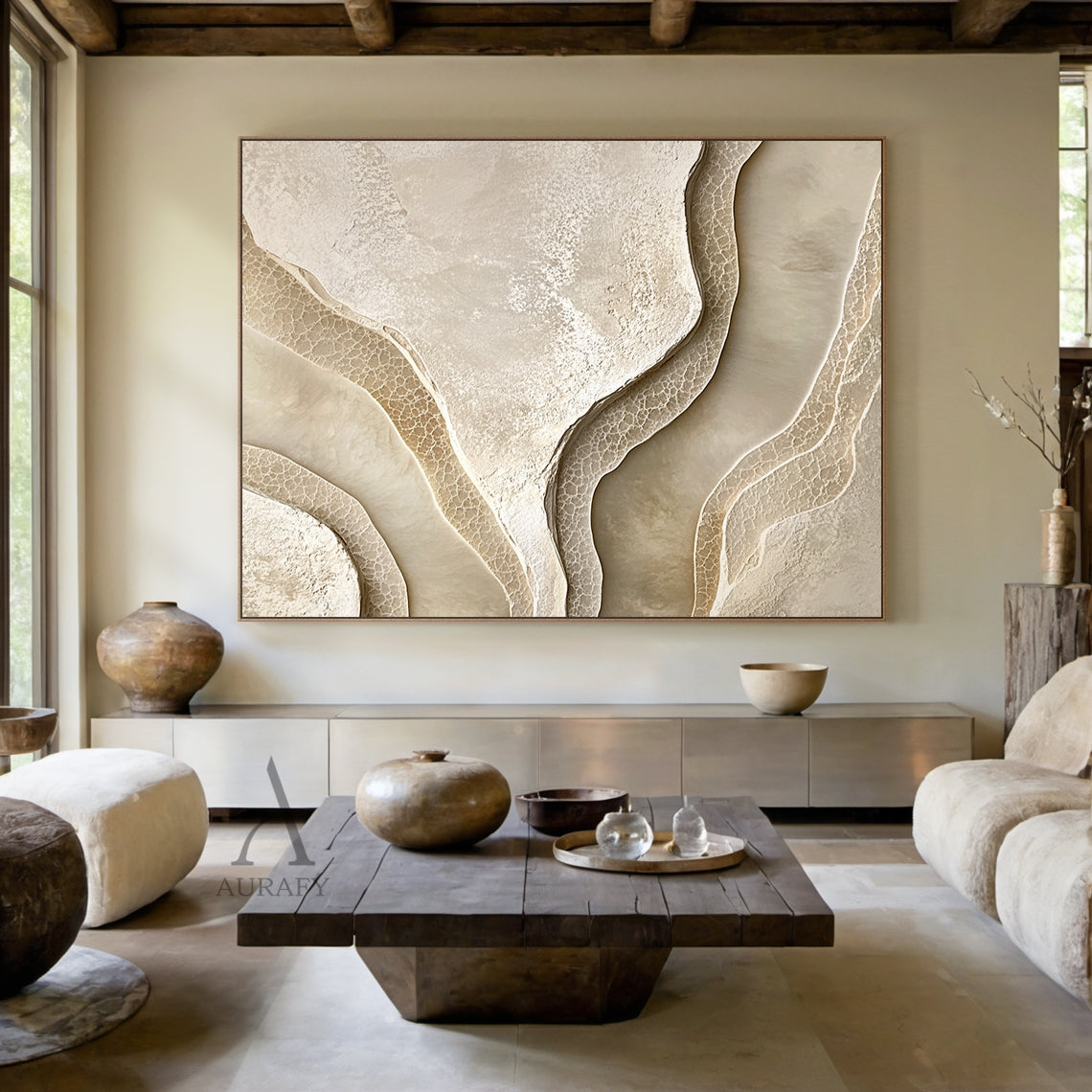 Beige Abstract Landscape Art Tactile High-Relief Plaster Sculpted Canvas Modern Organic Piece AURA439
