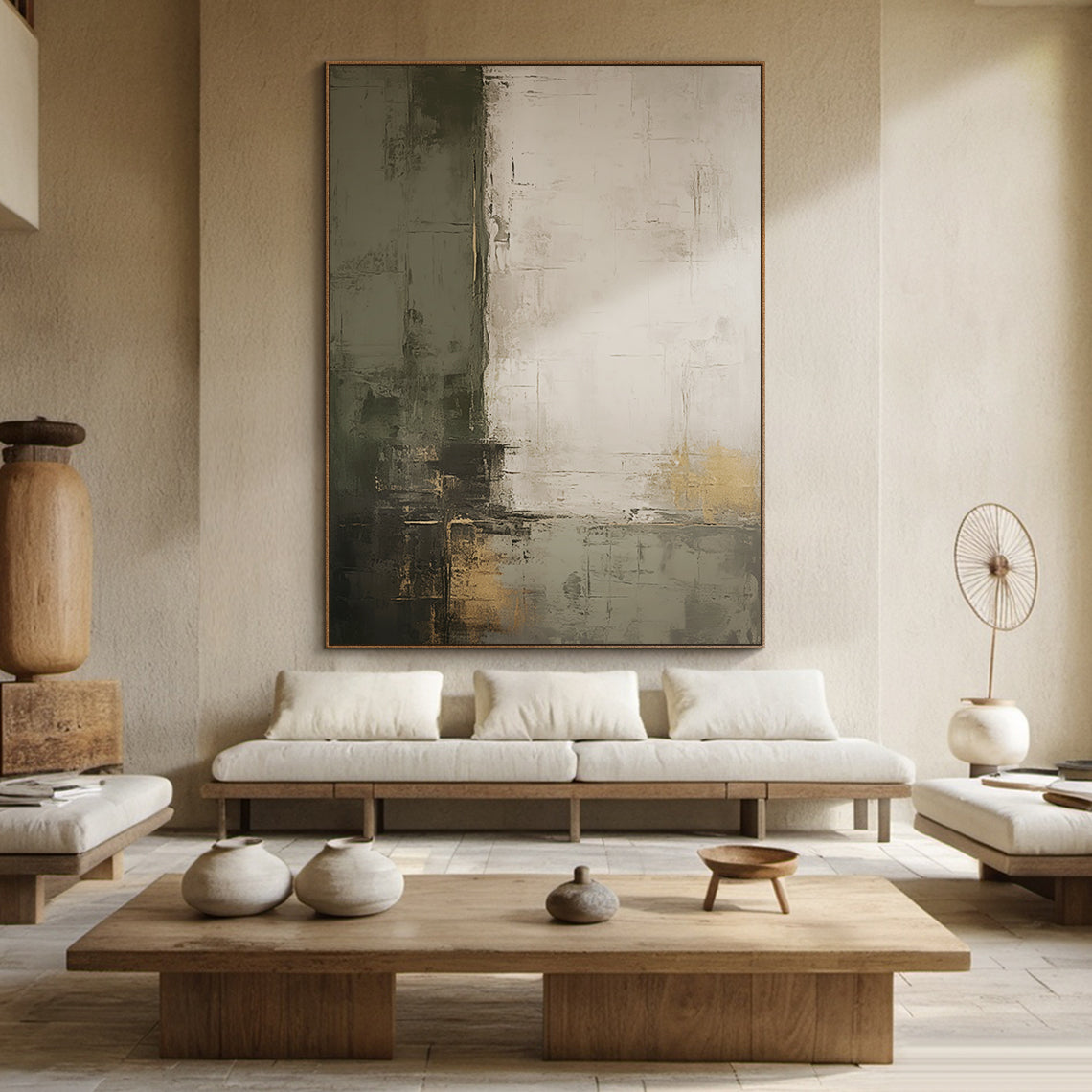 Shadow Reverie Canvas — Olive Grey & Sand Textured Wall Art – AURA077
