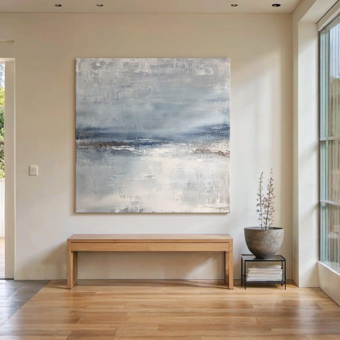 Abstract Seascape Texture Painting – Misty Blue & Taupe Canvas – AURA034(Horizontal)