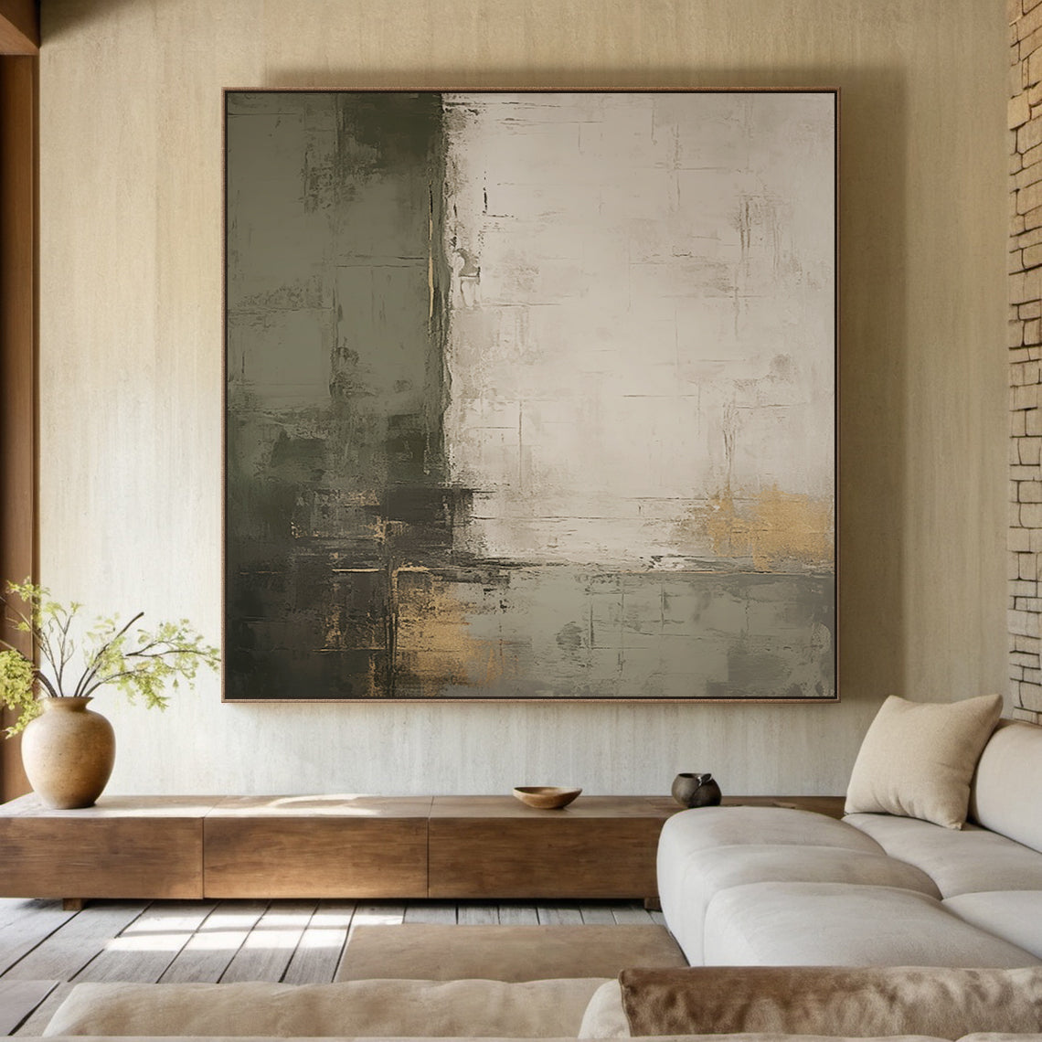 Shadow Reverie Canvas — Olive Grey & Sand Textured Wall Art – AURA077