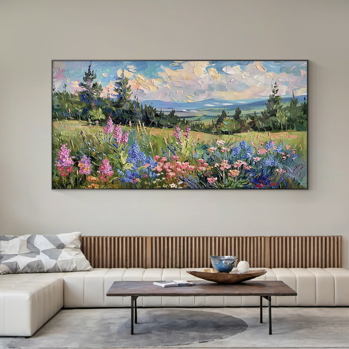Green Wildflower Mountain Landscape Impasto Knife Stroke Oil Painting Textured Canvas Modern Organic Wall Art AURA713