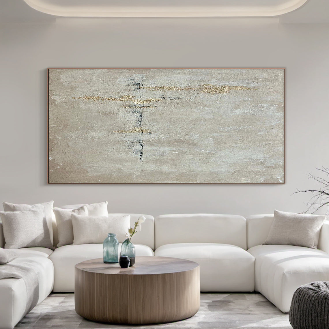 Beige Wabi Sabi Abstract Wall Art Gold Accents Home Decor AURA226