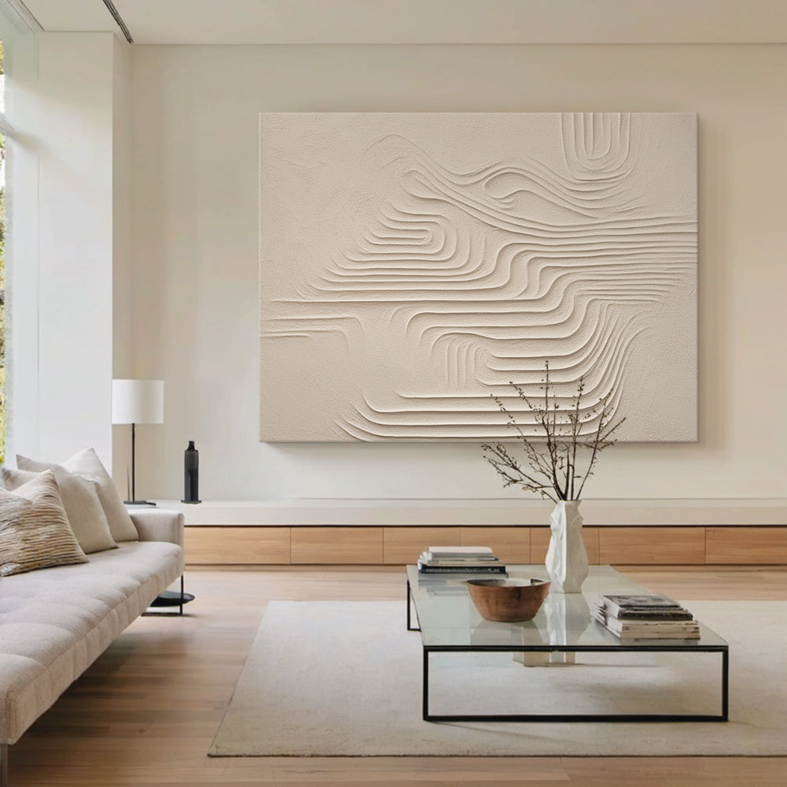 Flowing Horizontal Texture Canvas-Warm Cream Tones-AURA046