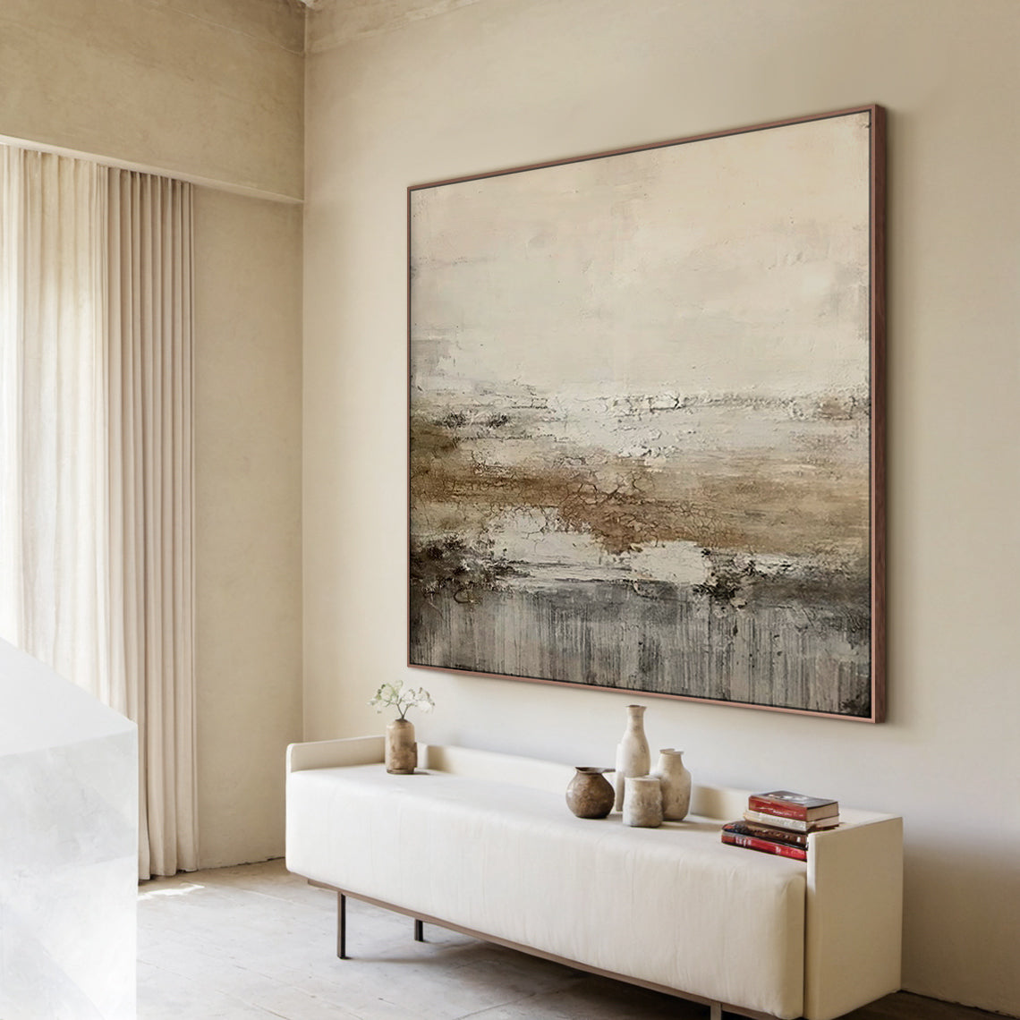 Weathered Horizon Wall Art – Cream & Smoky Taupe Tones – AURA015(Horizontal)