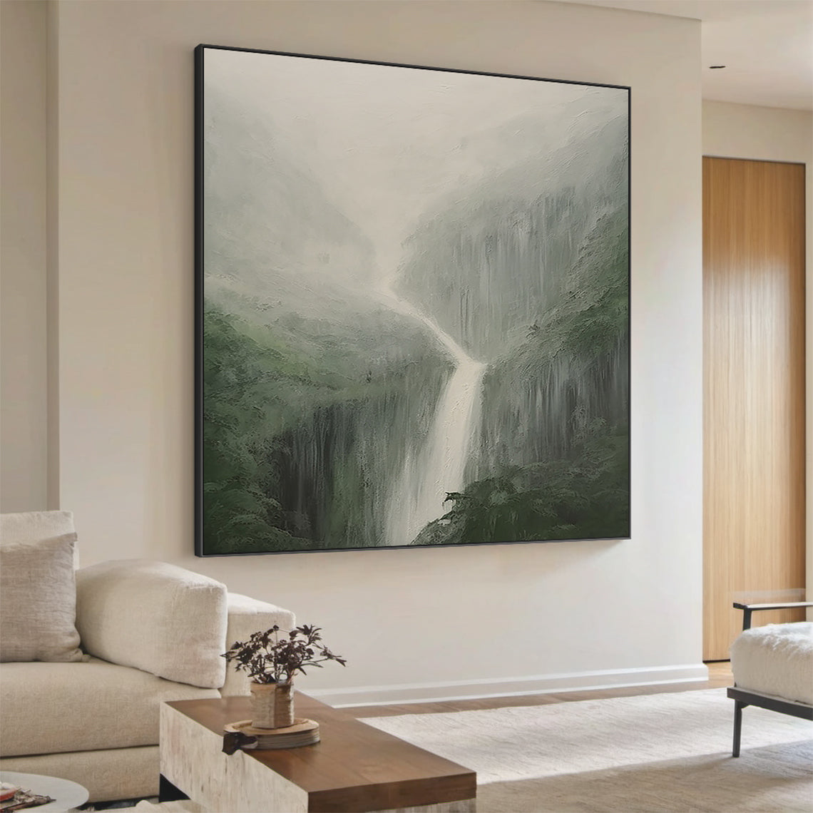 Minimalist Landscape Wall Art – Misty Waterfall & Forest Green – AURA040(Vertical)