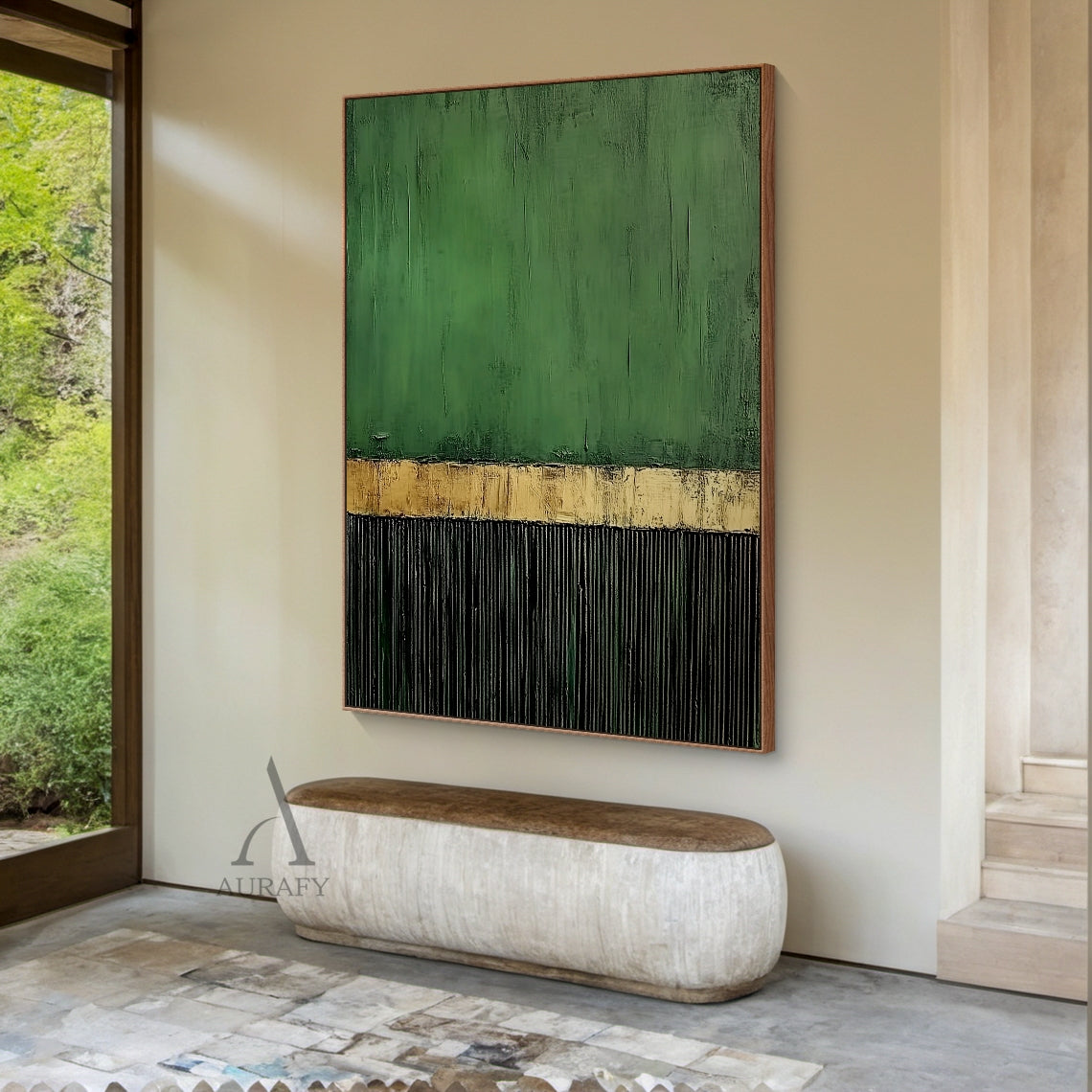 Minimalist Wall Art Green Black Textured Brush Strokes Distressed Gold Vertical Stripes Luxe Piece AURA437