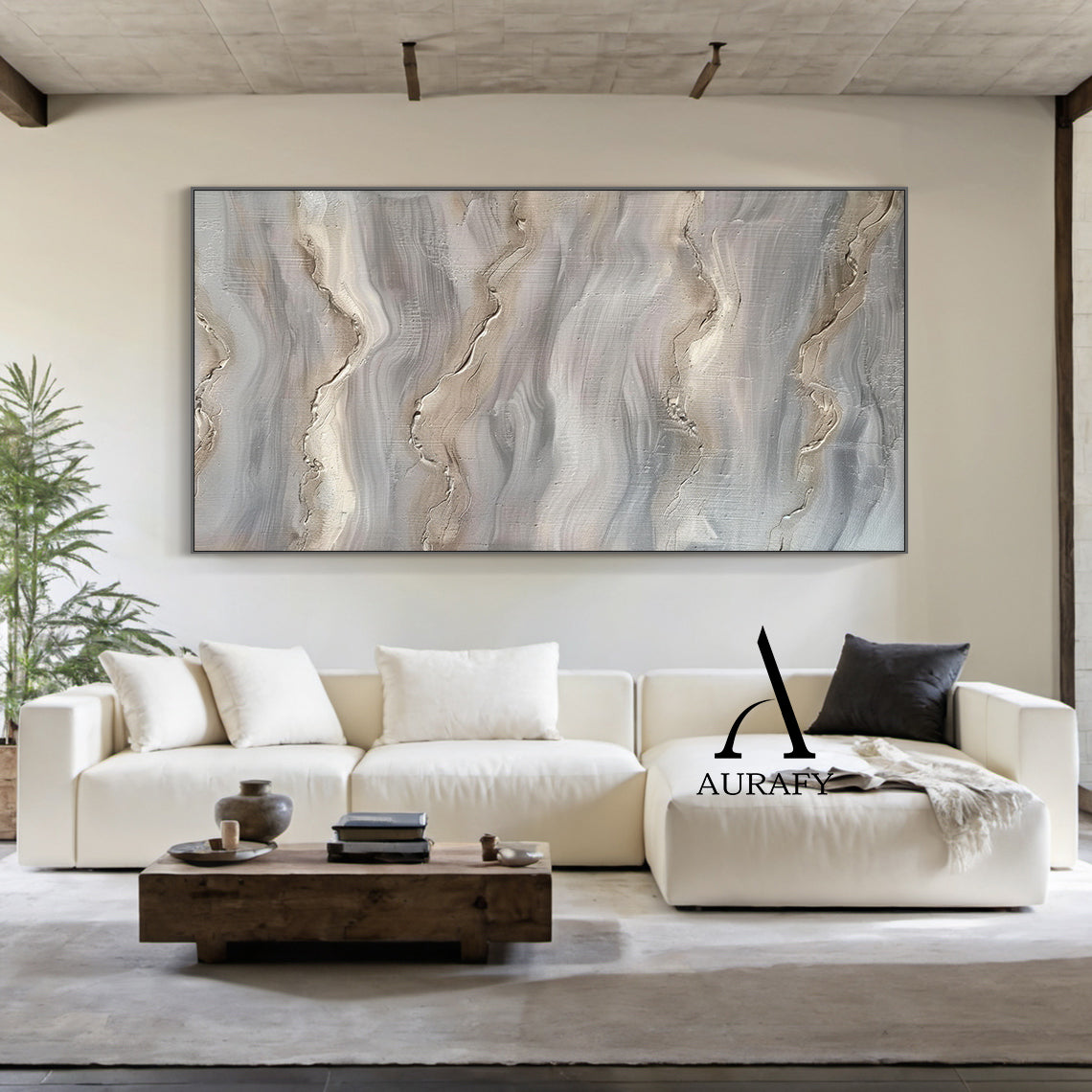 Wabi Sabi Abstract Art Impasto Textured Gray Beige Tactile Wave-Like Handcrafted Organic Canvas AURA560