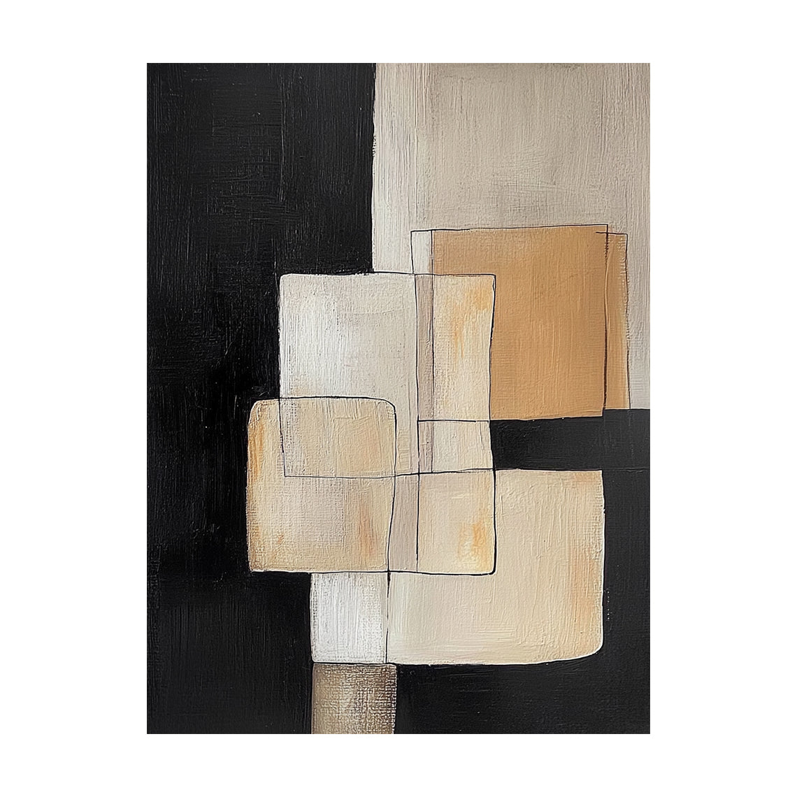 Modern Abstract Geometric Art Beige Black Tactile Brush Strokes Hand-Painted Canvas Wall Decor AURA645