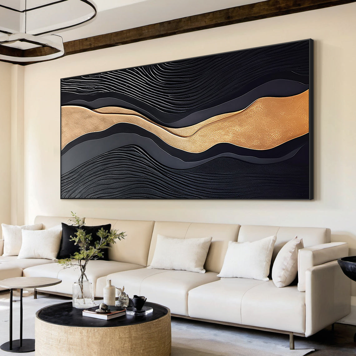 Metallic Topography Painting – Onyx & Gold Accents – AURA033(Vertical)