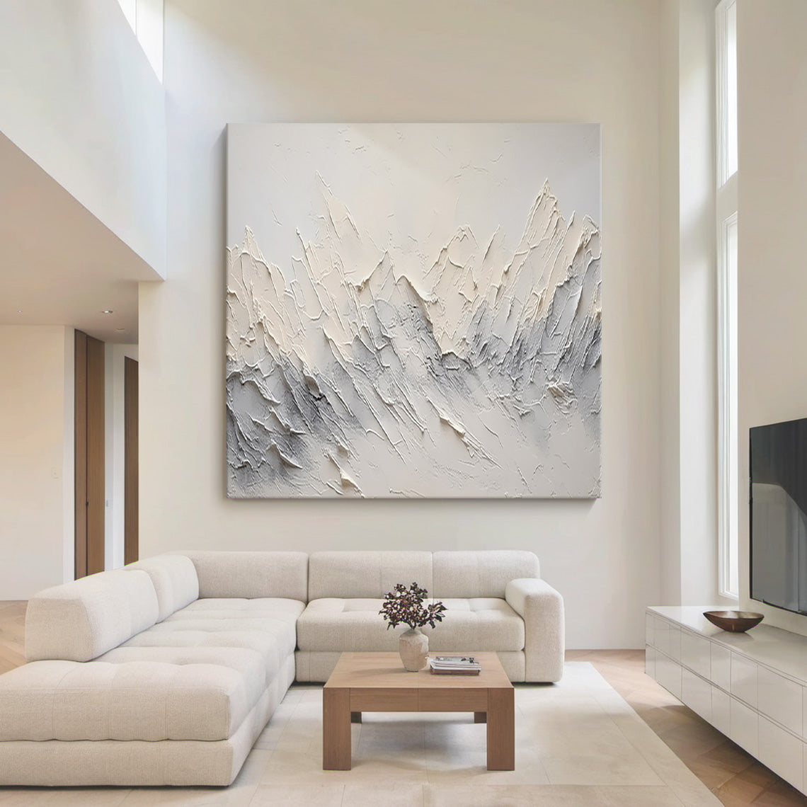 Minimalist Mountain Texture Canvas – Cream & Cool Gray Painting – AURA037(Horizontal)