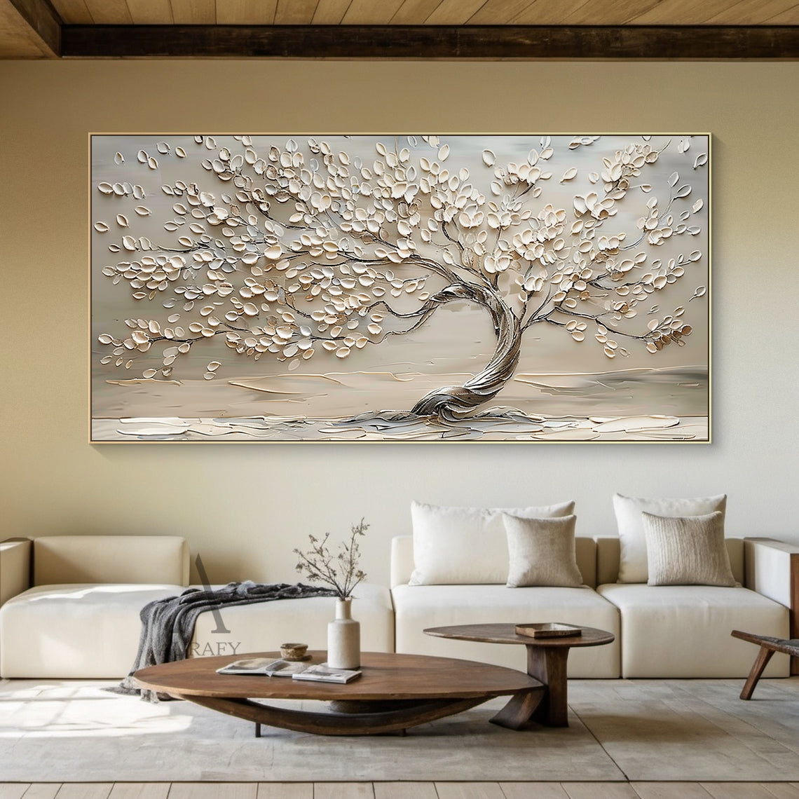 3D Textured Beige Tree Painting High-Relief Sculpted Tactile Surface Modern Organic Luxe AURA467