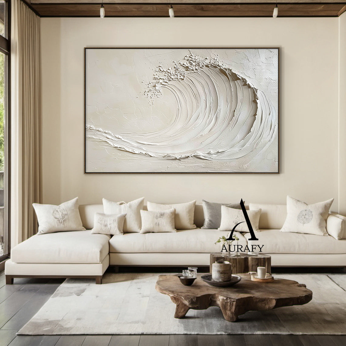 3D Textured Beige AurafyArt Wave Painting Impasto Knife Strokes Sculpted Tactile High-Relief Minimalist AURA534