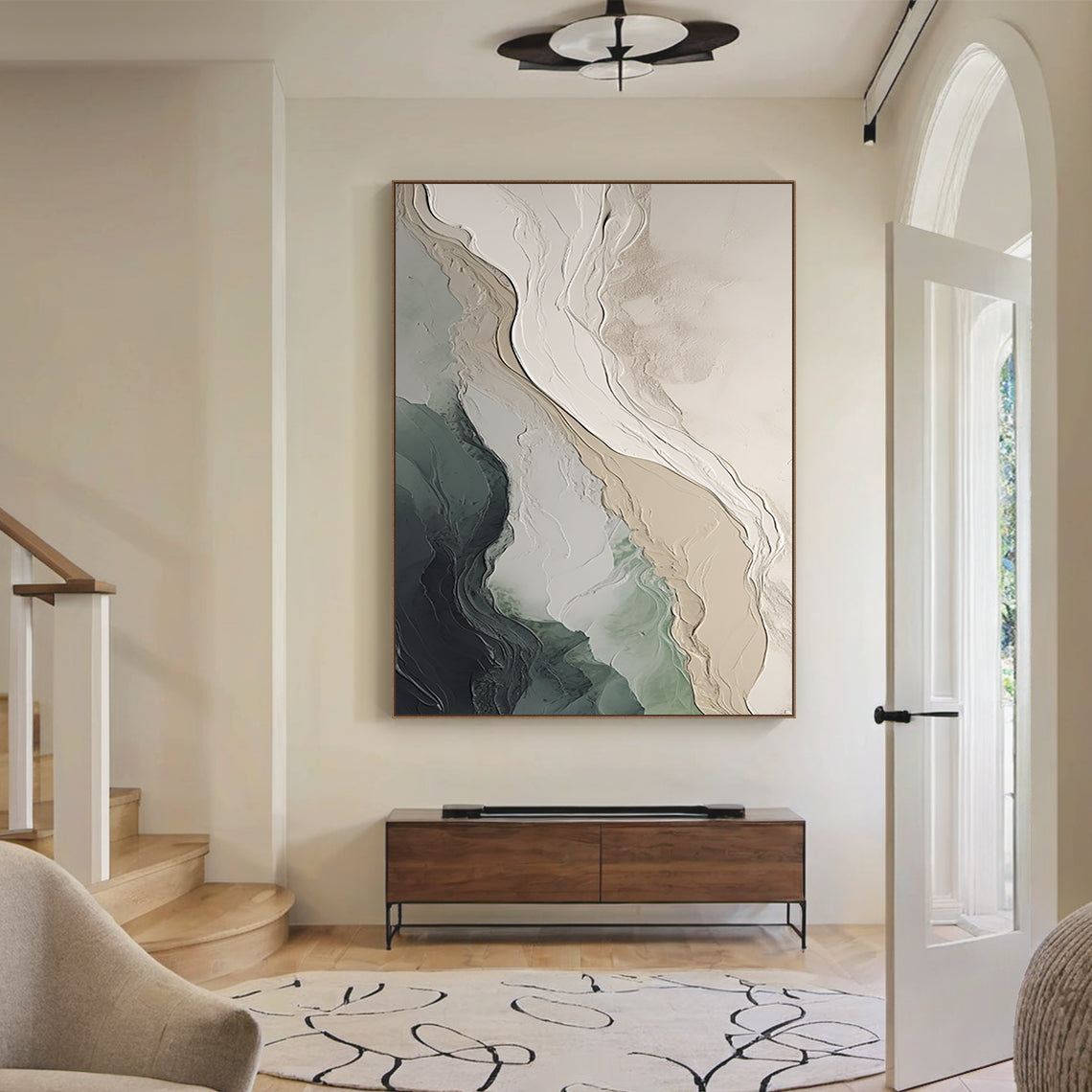 Textural Abstract Wall Art – Ocean Green & Sand Layers – AURA039(Horizontal)