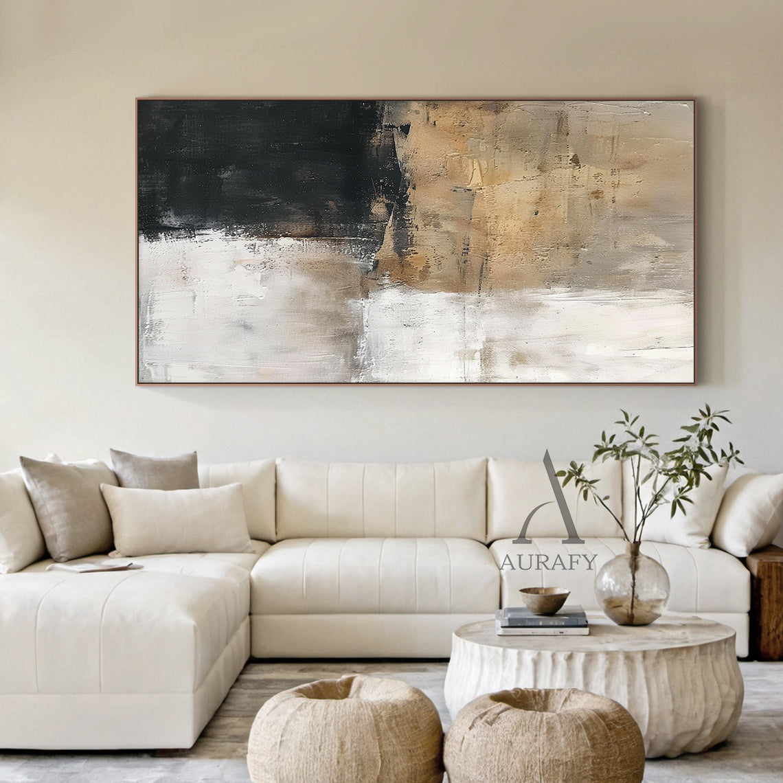 Abstract Neutral Wall Art Impasto Brushstrokes Scraped Tactile White Brown Black Modern Textured Canvas AURA503
