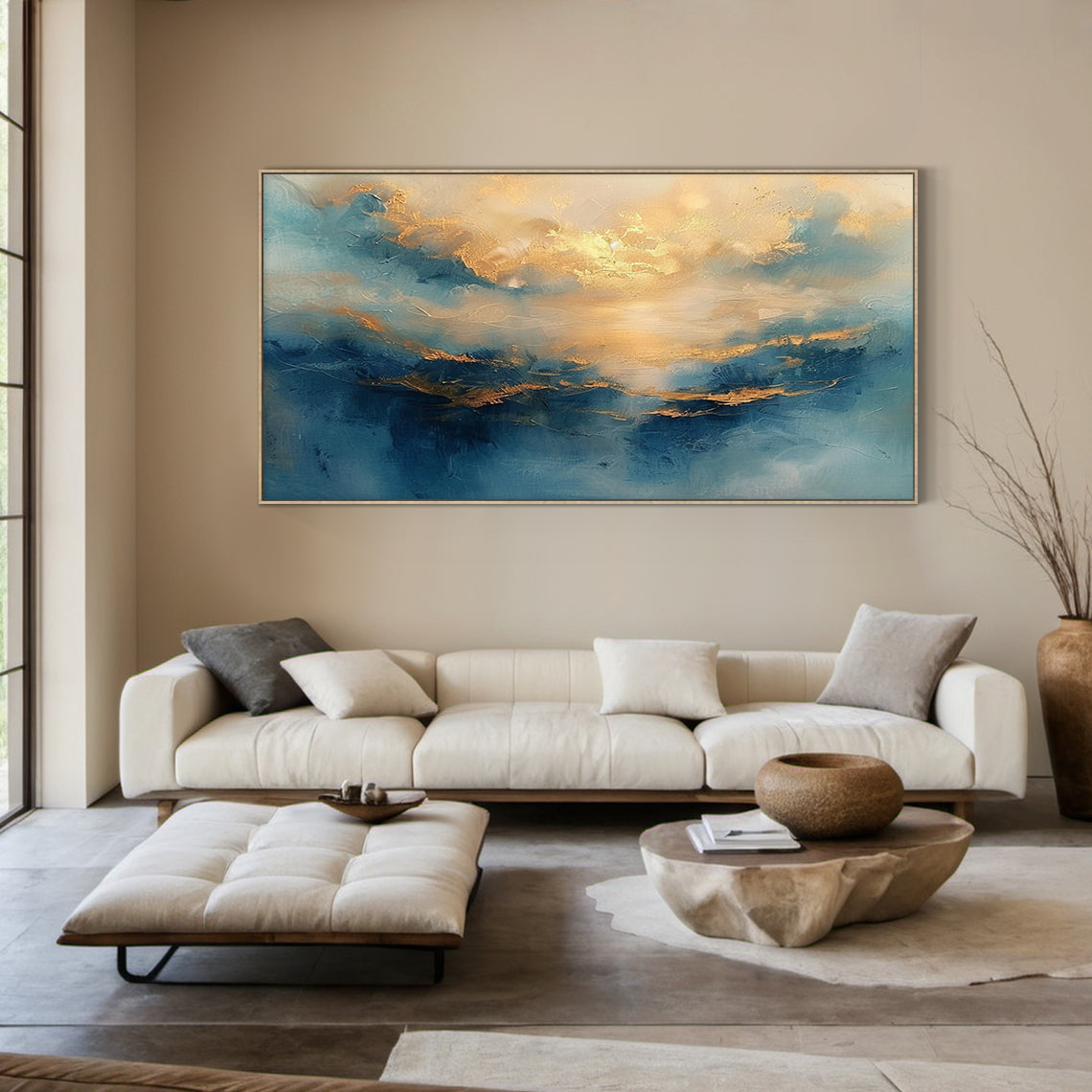 Textured Blue Gold Abstract Landscape Plaster Knife Stroke Japandi Wall Art Minimalist Luxe Home Decor AURA709