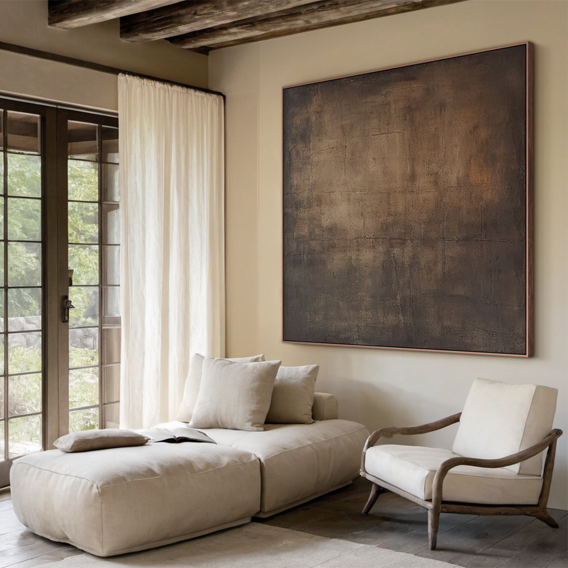 Wabi-Sabi Minimalist Wall Art – Aged Brass & Tobacco Brown – AURA016(Horizontal)