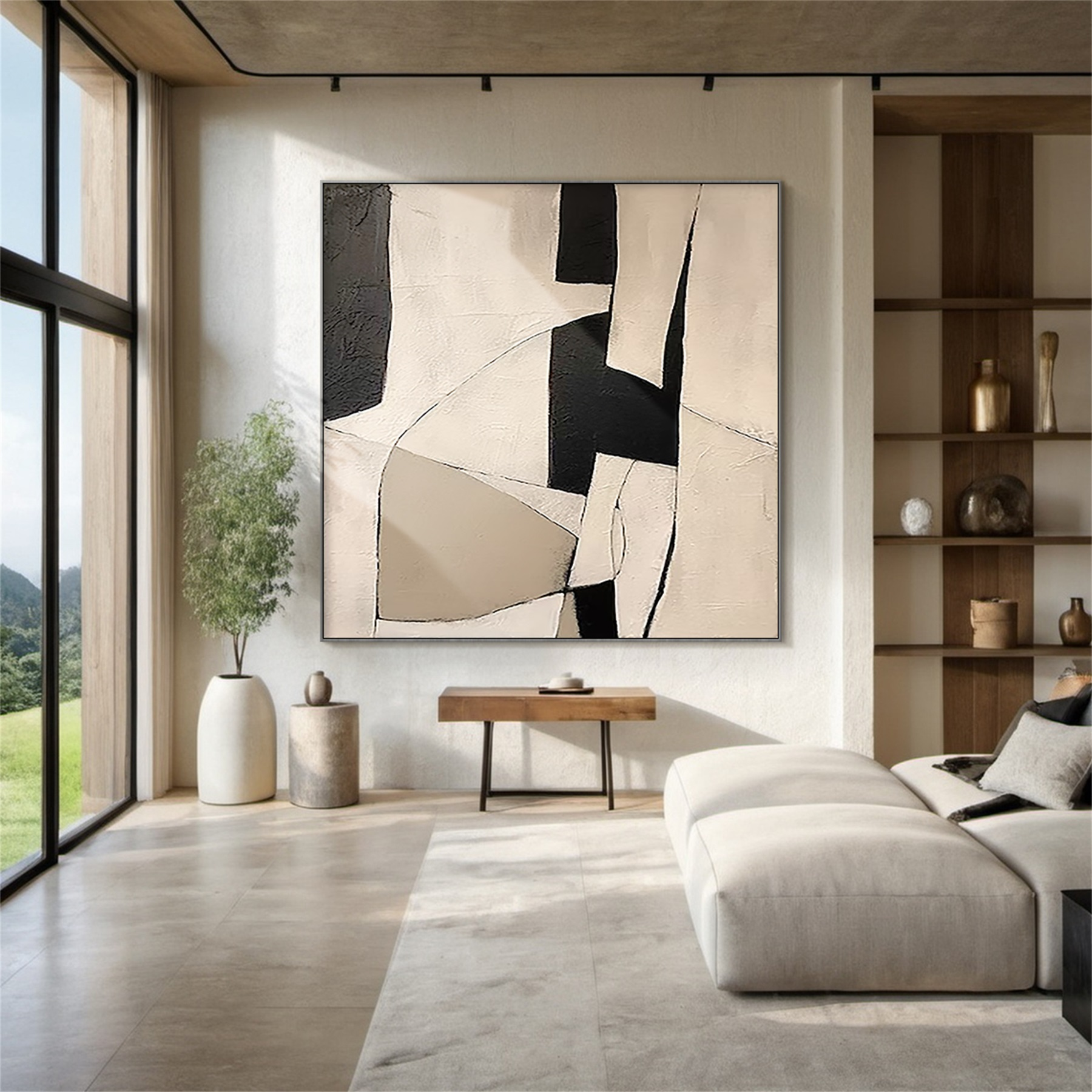 Quiet Geometry Minimalist Geometric Abstract Oil Painting Cream, Taupe & Black Interplay -AYRA019