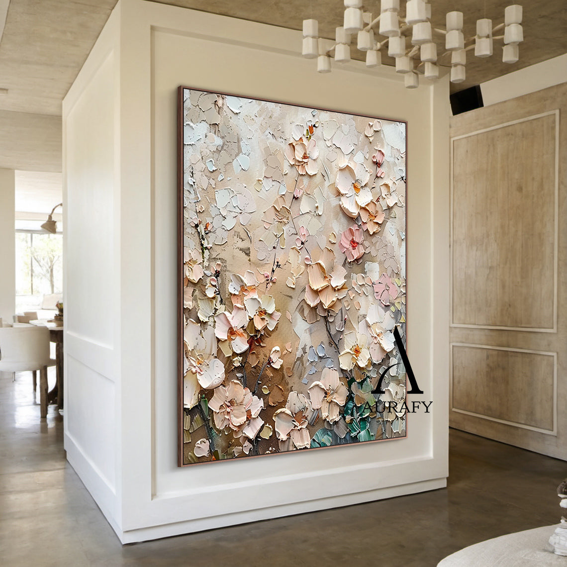 3D Textured Flower Painting High-Relief Tactile Beige Tone Knife Strokes Modern Organic Art AURA572