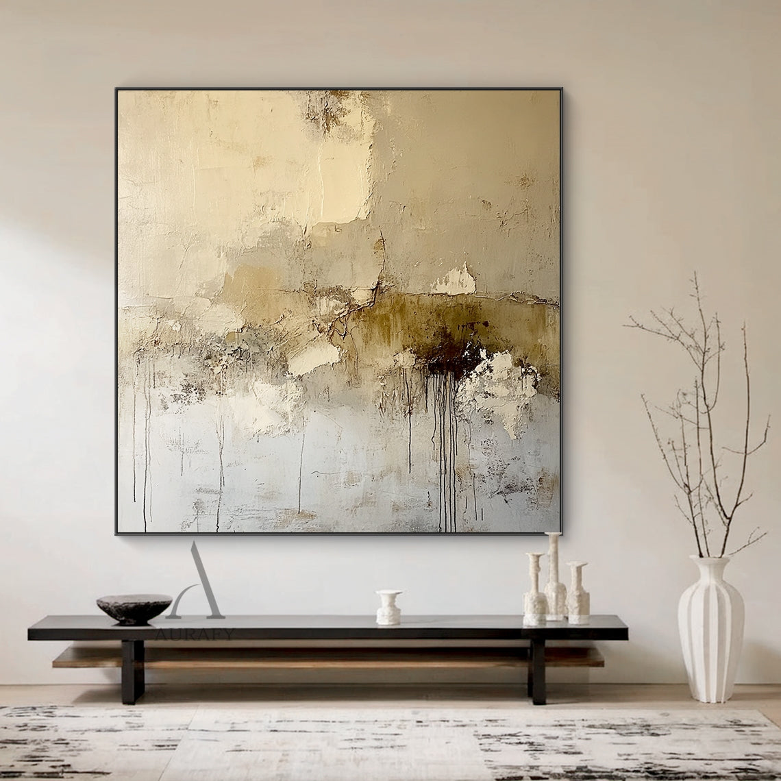 General Abstract Beige Plaster Textured Wabi-Sabi Art with Tactile Surface Paint Drips and Chipped Layers AURA611