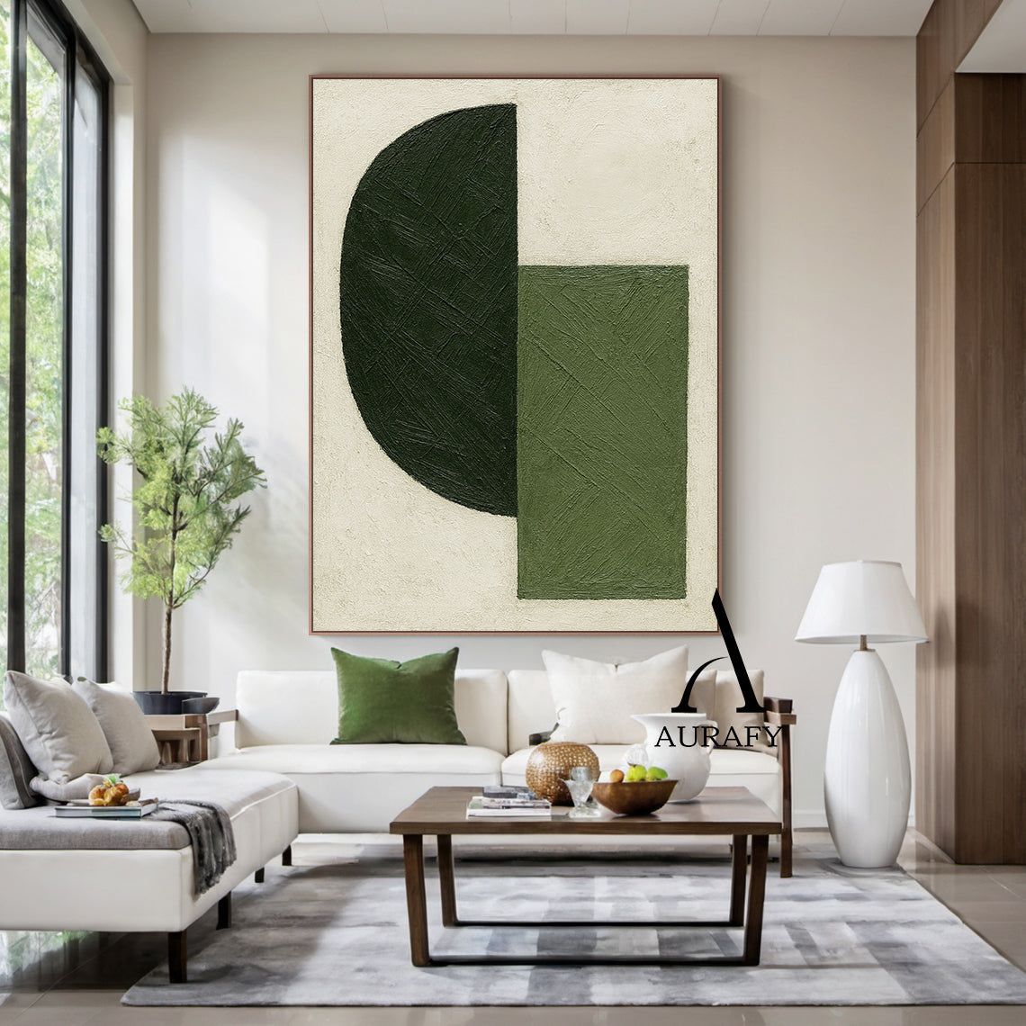 Minimalist Wall Art Green Beige Brushstroke Textured Modern Organic Abstract Geometric Art AURA546