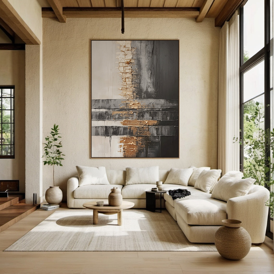 Bronze Axis Canvas — Charcoal & Ivory Textured Wall Art – AURA102