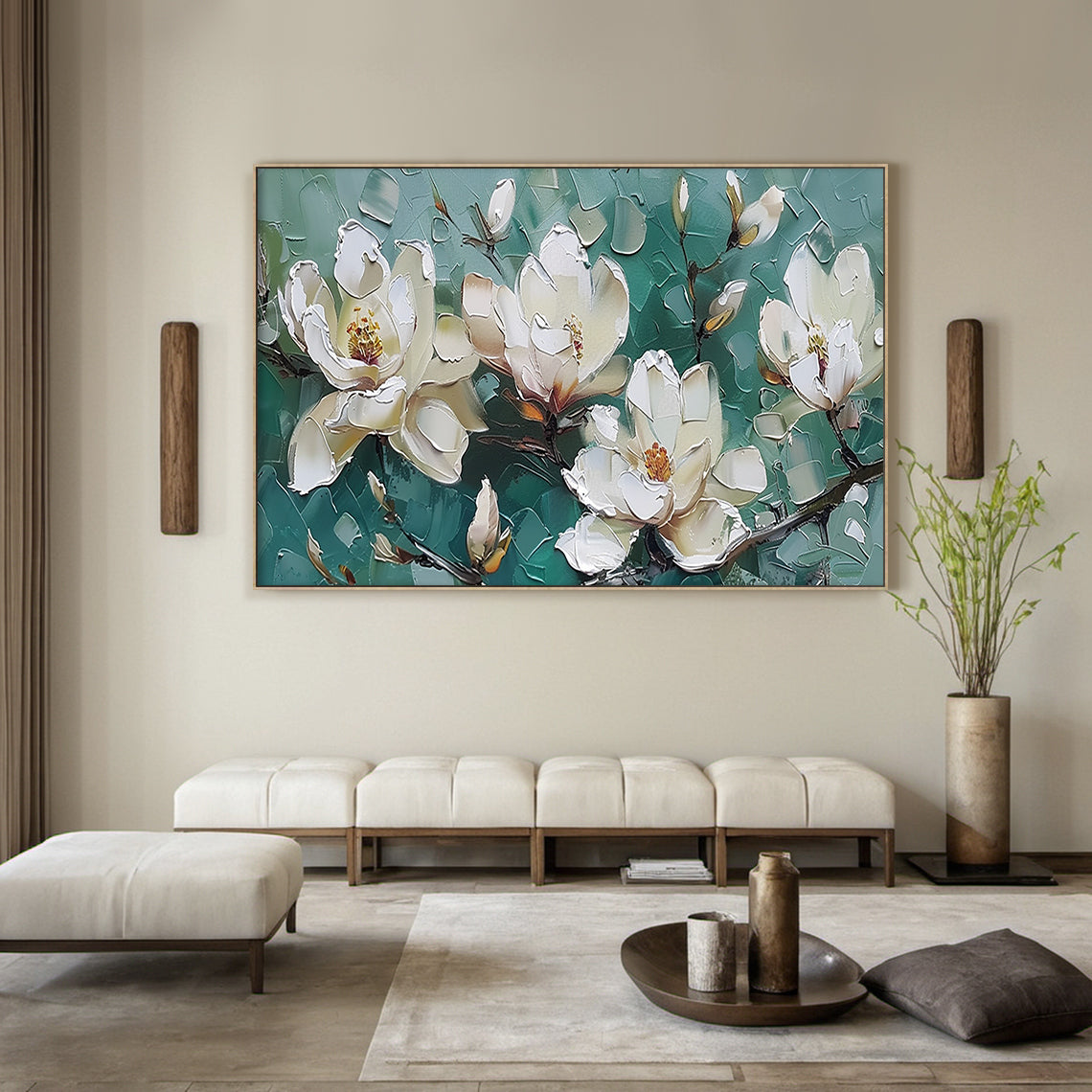 Textured Magnolia Oil Painting Green White Palette Knife Modern Organic Japandi Floral Wall Decor AURA717