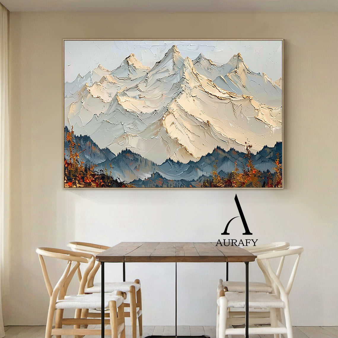 3D Textured Mountain Landscape Thick Impasto Knife Strokes Beige Blue Sculpted Tactile Canvas AURA514