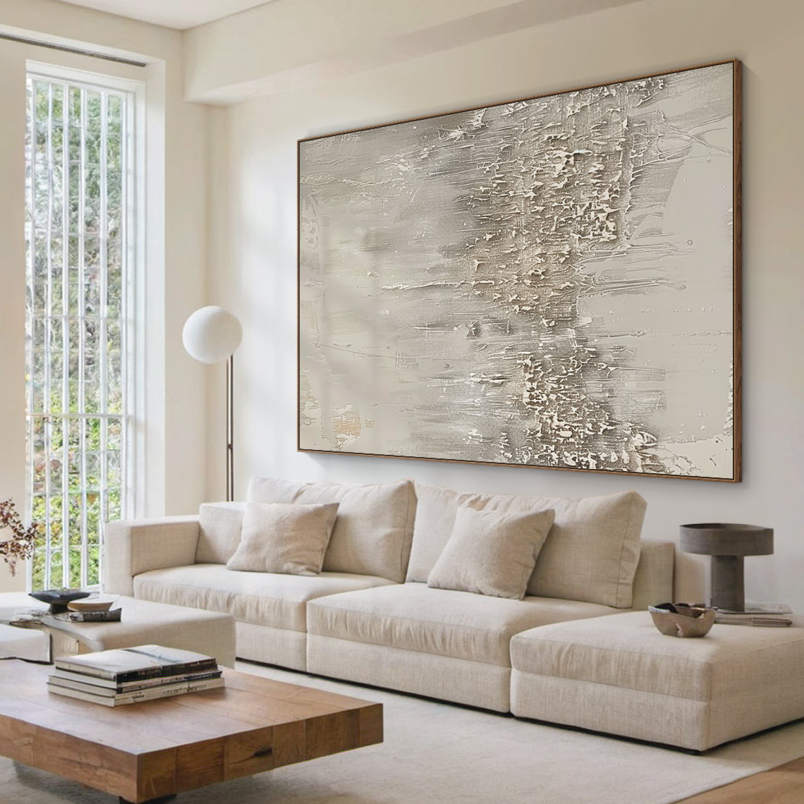 Distressed Drip Canvas – Soft Gray & Cream Tones – AURA024(Vertical)