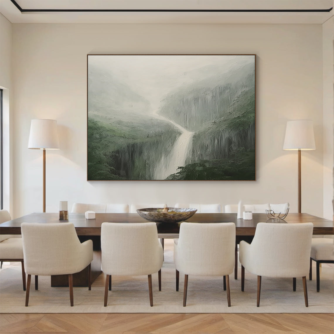 Minimalist Landscape Wall Art – Misty Waterfall & Forest Green – AURA040(Vertical)