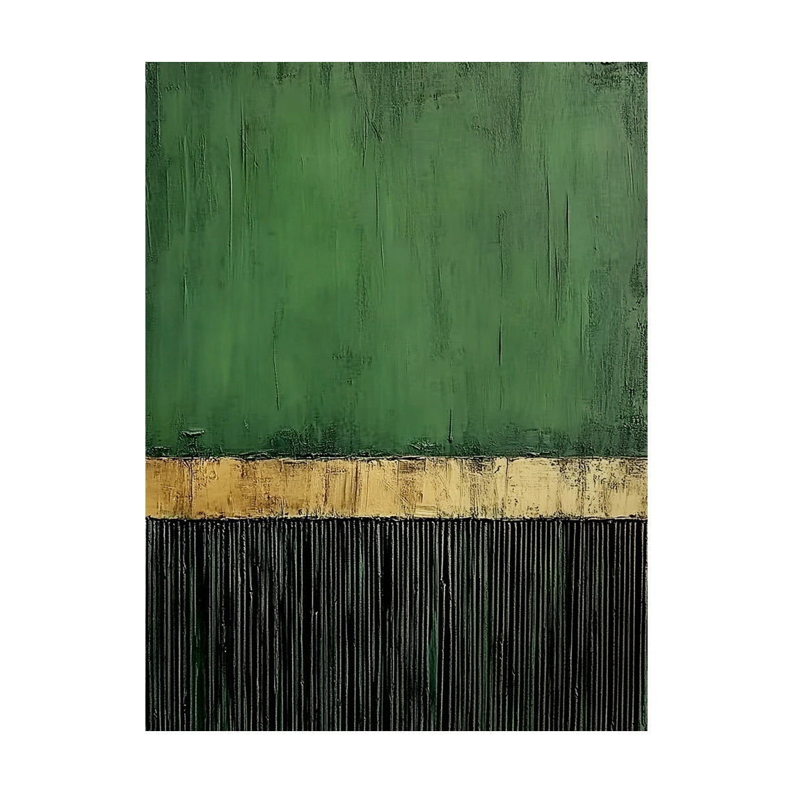 Minimalist Wall Art Green Black Textured Brush Strokes Distressed Gold Vertical Stripes Luxe Piece AURA437