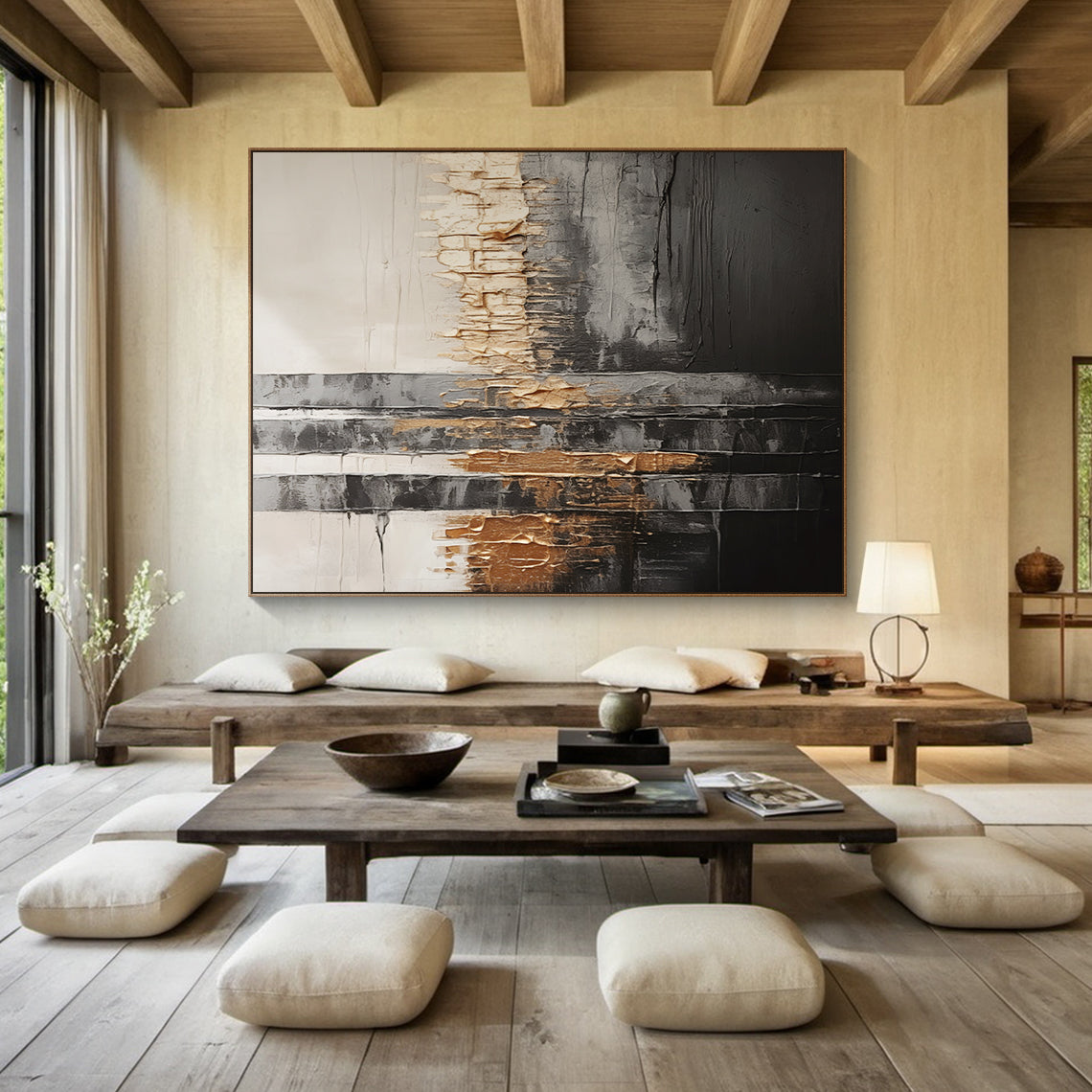 Bronze Axis Canvas — Charcoal & Ivory Textured Wall Art – AURA102