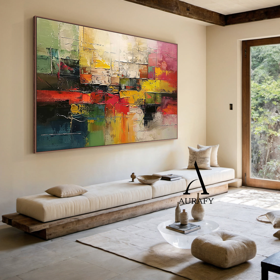 3D Textured Abstract Painting with High-Relief Plaster Tactile Surface Pink Green Yellow Knife Strokes AURA571