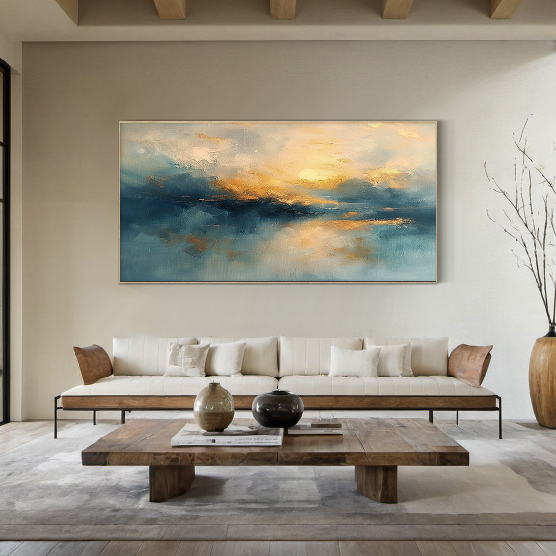 Blue Textured Landscape Art Knife Stroke Gold Sunset Canvas Japandi Minimalist Coastal Wall Artwork Decor AURA708