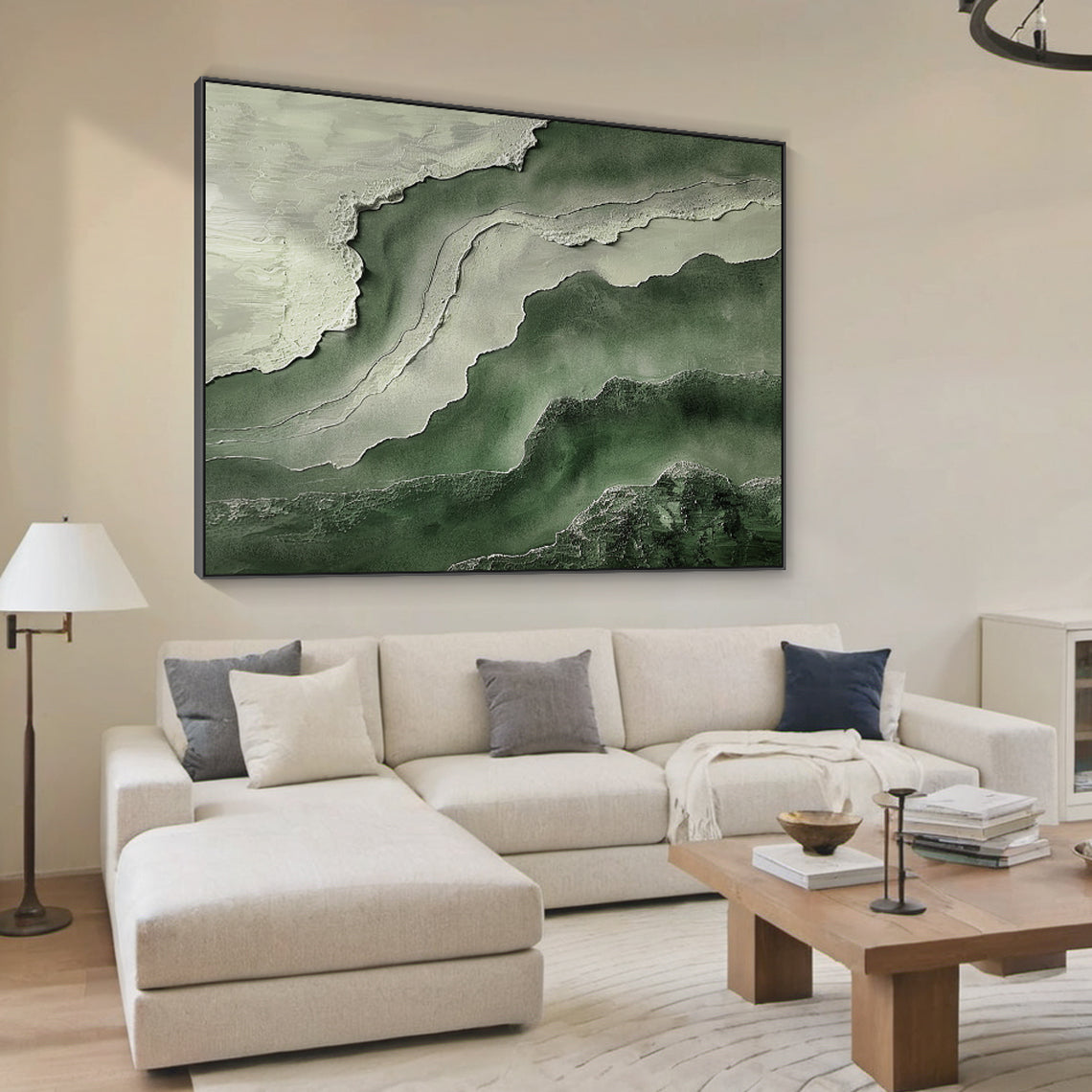 Abstract Textural Wall Art – Forest Green & Stone Layers – AURA041(Vertical)