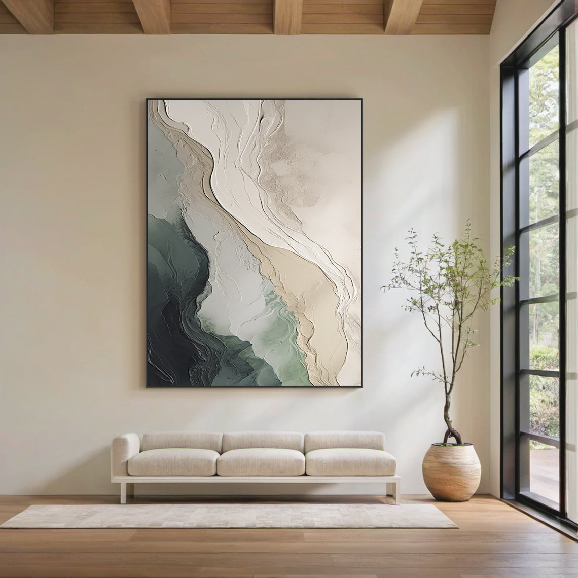 Textural Abstract Wall Art – Ocean Green & Sand Layers – AURA039(Horizontal)