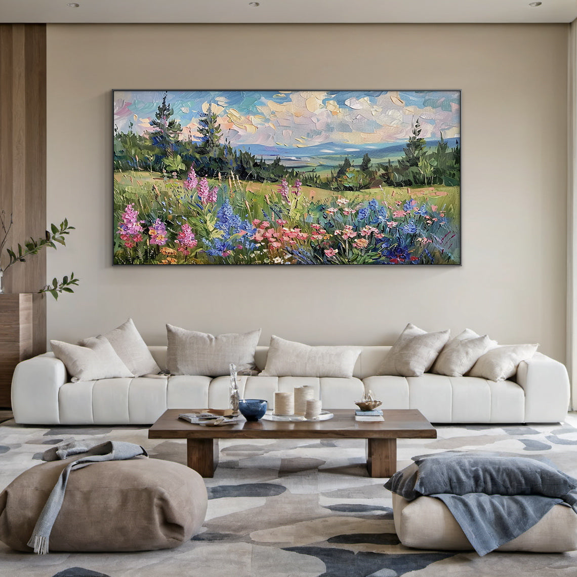Green Wildflower Mountain Landscape Impasto Knife Stroke Oil Painting Textured Canvas Modern Organic Wall Art AURA713