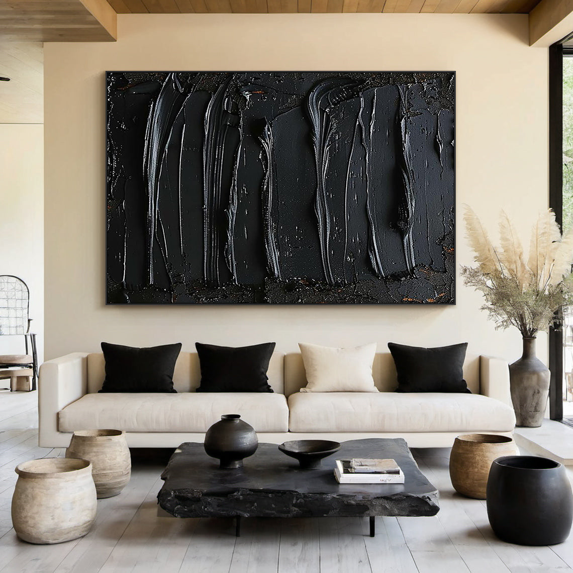 Sculptural Impasto Painting – Matte & Gloss Black Tones – AURA004(Horizontal)