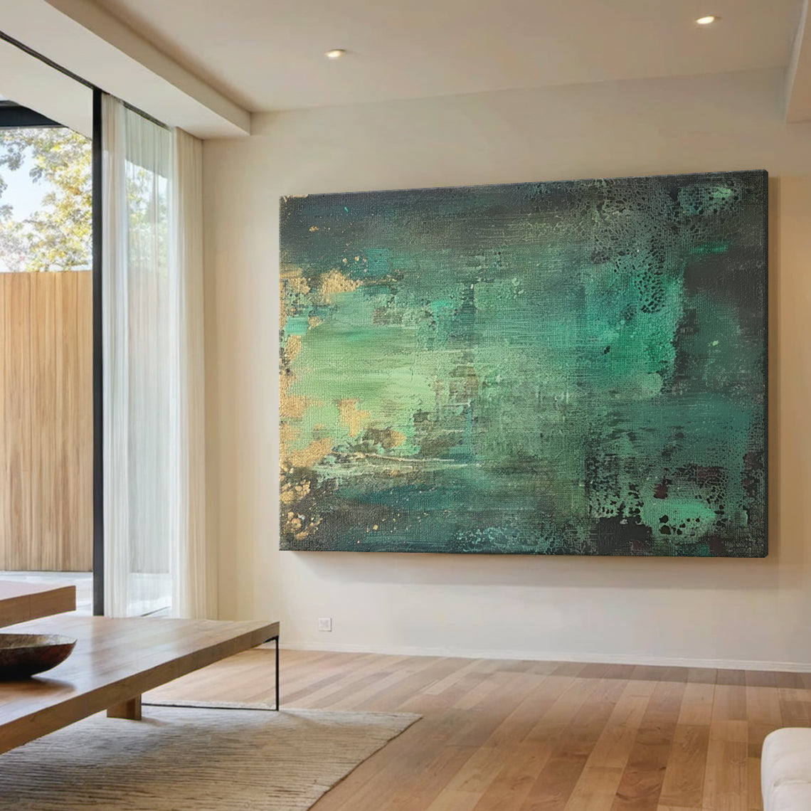 Textural Abstract Wall Art – Emerald Green & Gold Patina – AURA038(Vertical)