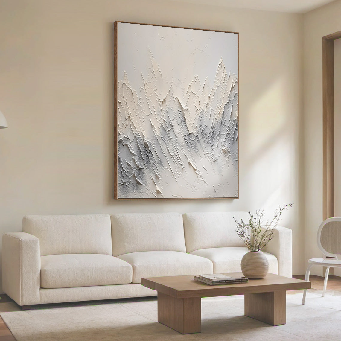 Minimalist Mountain Texture Canvas – Cream & Cool Gray Painting – AURA037(Horizontal)