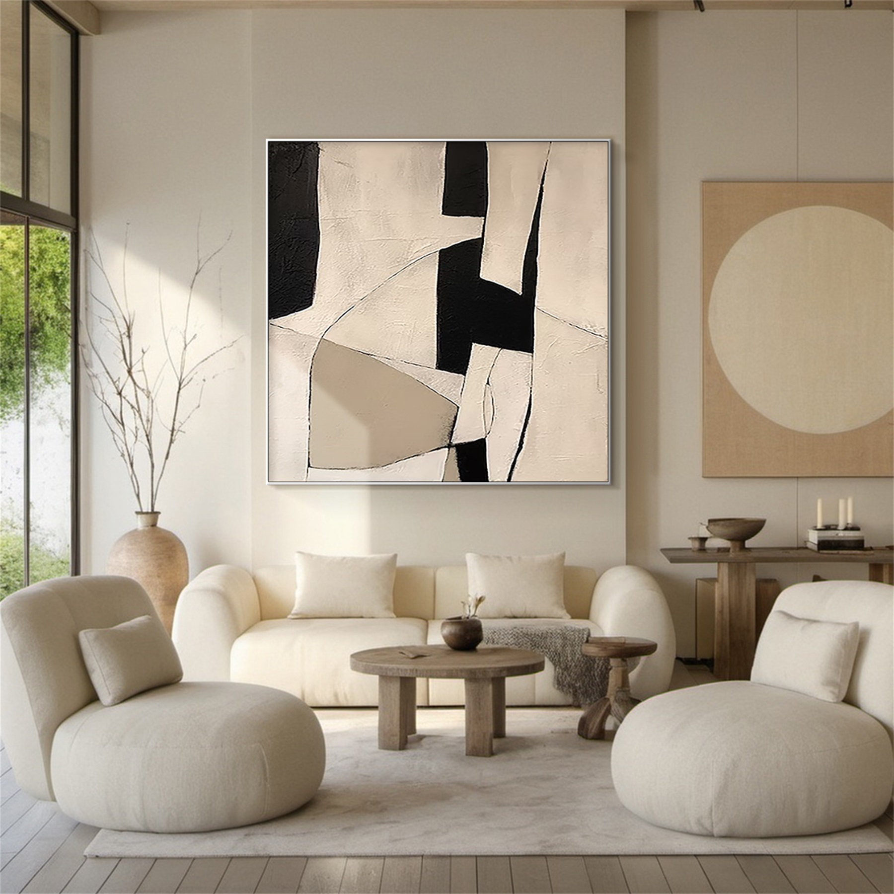Quiet Geometry Minimalist Geometric Abstract Oil Painting Cream, Taupe & Black Interplay -AYRA019