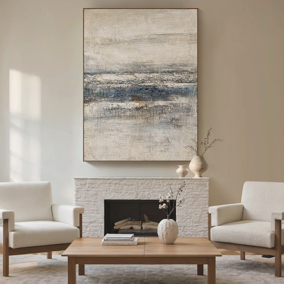 Frozen Silence – White & Grey Wabi-Sabi Textured Wall Art – AURA036(Horizontal)